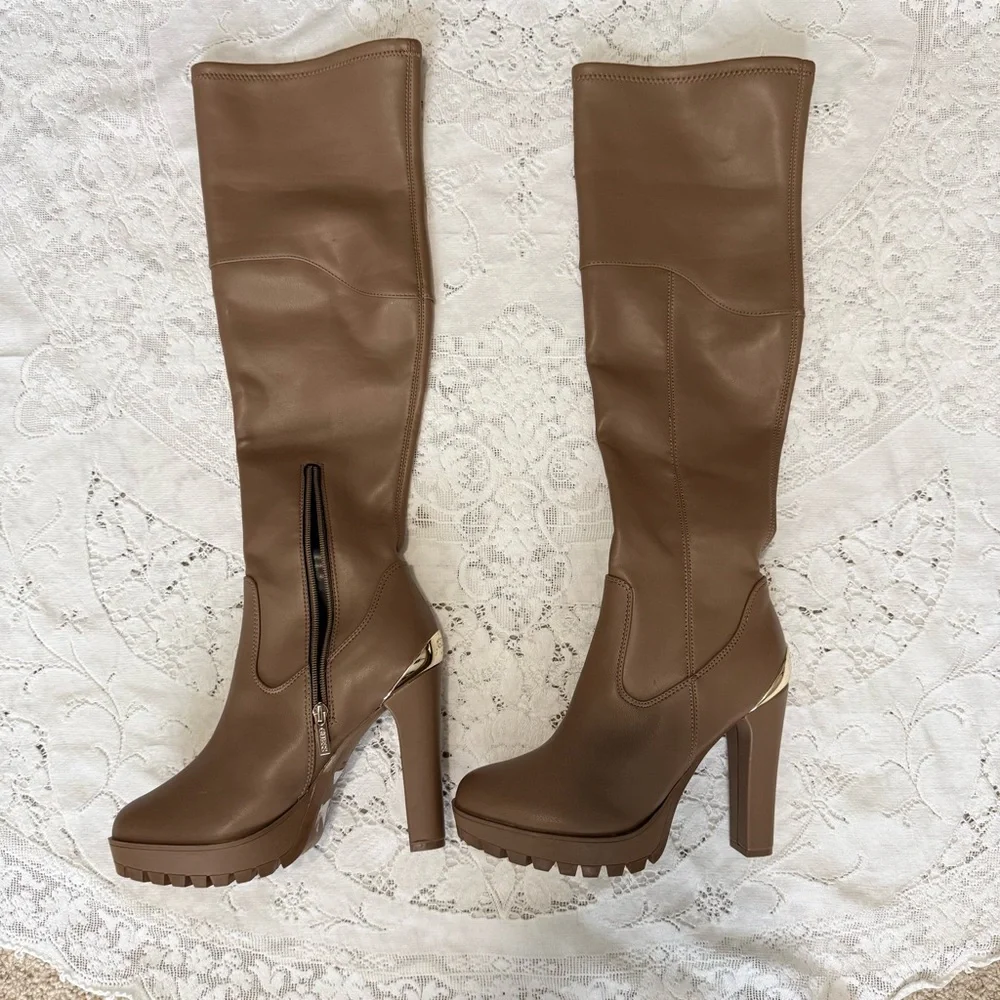 GUESS Taylin  Over the‎ Knee Tan Platform Boots Size 9.5 M